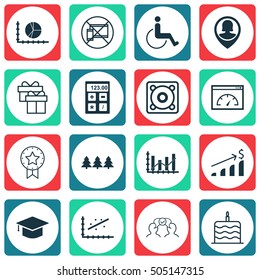 Set Of 16 Universal Editable Icons. Can Be Used For Web, Mobile And App Design. Includes Icons Such As Circle Graph, Present, Present Badge And More.