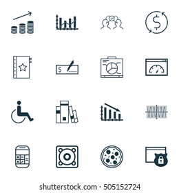 Set Of 16 Universal Editable Icons. Can Be Used For Web, Mobile And App Design. Includes Icons Such As Security, Coins Growth, Money Trasnfer And More.