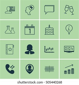 Set Of 16 Universal Editable Icons. Can Be Used For Web, Mobile And App Design. Includes Icons Such As Champagne Glasses, Cellular Data, Agenda And More.