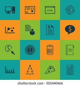Set Of 16 Universal Editable Icons. Can Be Used For Web, Mobile And App Design. Includes Icons Such As Desktop Computer, Warranty, Currency Recycle And More.