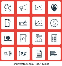 Set Of 16 Universal Editable Icons. Can Be Used For Web, Mobile And App Design. Includes Icons Such As Messaging, Media Campaign, Champagne Glasses And More.