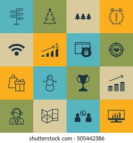 Set Of 16 Universal Editable Icons. Can Be Used For Web, Mobile And App Design. Includes Icons Such As Holiday Ornament, Time Management, Shopping And More.