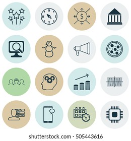 Set Of 16 Universal Editable Icons. Can Be Used For Web, Mobile And App Design. Includes Icons Such As Festive Fireworks, Laptop, Brain Process And More.