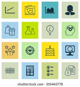 Set Of 16 Universal Editable Icons. Can Be Used For Web, Mobile And App Design. Includes Icons Such As Sequence Graphics, Celebration Cake, Job Applicants And More.