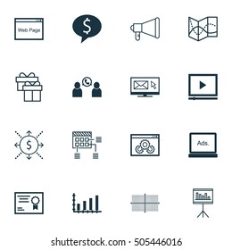 Set Of 16 Universal Editable Icons. Can Be Used For Web, Mobile And App Design. Includes Icons Such As Square Diagram, Digital Media, Newsletter And More.