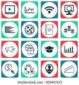 Set Of 16 Universal Editable Icons. Can Be Used For Web, Mobile And App Design. Includes Icons Such As Media Campaign, Bars Chart, Dynamics And More.