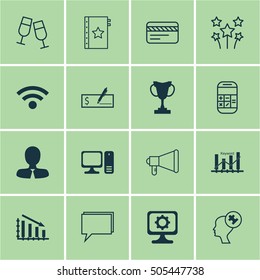 Set Of 16 Universal Editable Icons. Can Be Used For Web, Mobile And App Design. Includes Icons Such As Human Mind, Wireless, Conference And More.