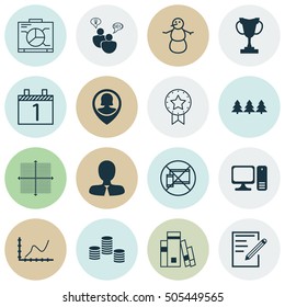 Set Of 16 Universal Editable Icons. Can Be Used For Web, Mobile And App Design. Includes Icons Such As Graphical Grid, Achievement Graph, Library And More.
