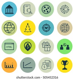 Set Of 16 Universal Editable Icons. Can Be Used For Web, Mobile And App Design. Includes Icons Such As Segmented Bar Graph, Connectivity, Currency Recycle And More.