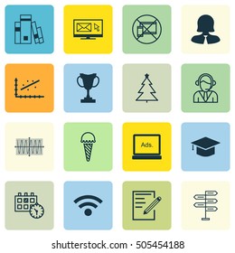 Set Of 16 Universal Editable Icons. Can Be Used For Web, Mobile And App Design. Includes Icons Such As Wireless, Decorated Tree, Paper And More.