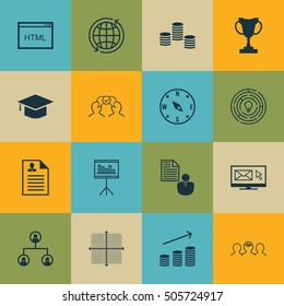 Set Of 16 Universal Editable Icons. Can Be Used For Web, Mobile And App Design. Includes Icons Such As Coding, Graphical Grid, Curriculum Vitae And More.