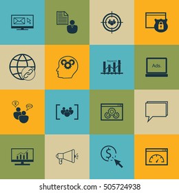 Set Of 16 Universal Editable Icons. Can Be Used For Web, Mobile And App Design. Includes Icons Such As Keyword Optimisation, PPC, Website Performance And More.