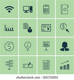 Set Of 16 Universal Editable Icons. Can Be Used For Web, Mobile And App Design. Includes Icons Such As Money Trasnfer, Opportunity, Segmented Bar Graph And More.