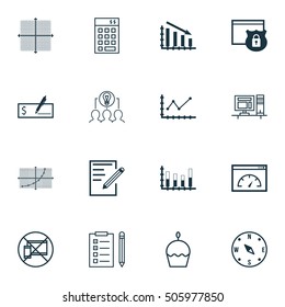 Set Of 16 Universal Editable Icons. Can Be Used For Web, Mobile And App Design. Includes Icons Such As Birthday Cake, Bank Payment, Graphical Grid And More.