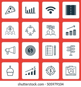 Set Of 16 Universal Editable Icons. Can Be Used For Web, Mobile And App Design. Includes Icons Such As Coins Growth, Photo Camera, Announcement And More.