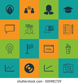 Set Of 16 Universal Editable Icons. Can Be Used For Web, Mobile And App Design. Includes Icons Such As Present Badge, Drink Cup, Coding And More.