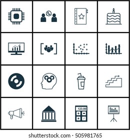Set Of 16 Universal Editable Icons. Can Be Used For Web, Mobile And App Design. Includes Icons Such As Celebration Cake, Plot Diagram, Chip And More.