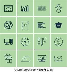 Set Of 16 Universal Editable Icons. Can Be Used For Web, Mobile And App Design. Includes Icons Such As Locate, Cosinus Diagram, Present And More.