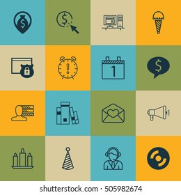 Set Of 16 Universal Editable Icons. Can Be Used For Web, Mobile And App Design. Includes Icons Such As Library, Business Deal, Agenda And More.