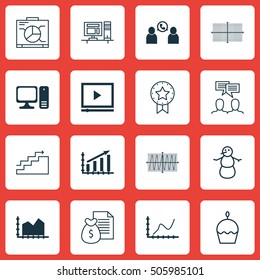 Set Of 16 Universal Editable Icons. Can Be Used For Web, Mobile And App Design. Includes Icons Such As Present Badge, Growth, Birthday Cake And More.