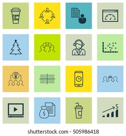 Set Of 16 Universal Editable Icons. Can Be Used For Web, Mobile And App Design. Includes Icons Such As Call Duration, Decorated Tree, Collaborative Solution And More.