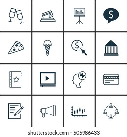 Set Of 16 Universal Editable Icons. Can Be Used For Web, Mobile And App Design. Includes Icons Such As Sliced Pizza, Video Player, Human Mind And More.