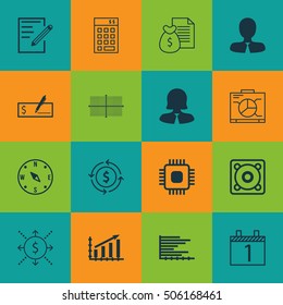 Set Of 16 Universal Editable Icons. Can Be Used For Web, Mobile And App Design. Includes Icons Such As Business Woman, Board, Square Diagram And More.