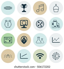 Set Of 16 Universal Editable Icons. Can Be Used For Web, Mobile And App Design. Includes Icons Such As Pizza Meal, Crotchets, Sweet And More.