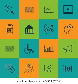 Set Of 16 Universal Editable Icons. Can Be Used For Web, Mobile And App Design. Includes Icons Such As Festive Fireworks, Changes Graph, Announcement And More.
