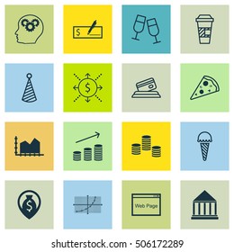 Set Of 16 Universal Editable Icons. Can Be Used For Web, Mobile And App Design. Includes Icons Such As Frozen Food, Brain Process, Birthday Hat And More.