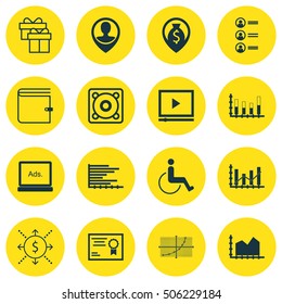 Set Of 16 Universal Editable Icons. Can Be Used For Web, Mobile And App Design. Includes Icons Such As Raise Diagram, Sequence Graphics, Accessibility And More.