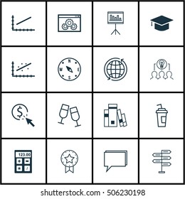 Set Of 16 Universal Editable Icons. Can Be Used For Web, Mobile And App Design. Includes Icons Such As Presentation, Collaborative Solution, Financial And More.
