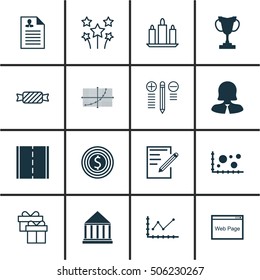 Set Of 16 Universal Editable Icons. Can Be Used For Web, Mobile And App Design. Includes Icons Such As Sweet, Line Grid, Changes Graph And More.