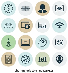 Set Of 16 Universal Editable Icons. Can Be Used For Web, Mobile And App Design. Includes Icons Such As Pizza Meal, Segmented Bar Graph, Comparison And More.