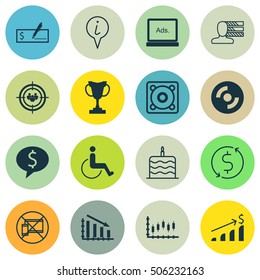 Set Of 16 Universal Editable Icons. Can Be Used For Web, Mobile And App Design. Includes Icons Such As Successful Investment, Focus Group, Celebration Cake And More.
