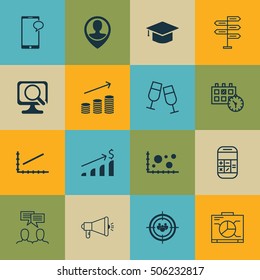 Set Of 16 Universal Editable Icons. Can Be Used For Web, Mobile And App Design. Includes Icons Such As Media Campaign, Calculation, Champagne Glasses And More.