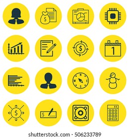 Set Of 16 Universal Editable Icons. Can Be Used For Web, Mobile And App Design. Includes Icons Such As Business Woman, Chip, Bars Chart And More.