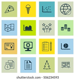Set Of 16 Universal Editable Icons. Can Be Used For Web, Mobile And App Design. Includes Icons Such As Frozen Food, Festive Fireworks, Road Map And More.