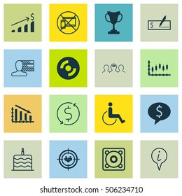 Set Of 16 Universal Editable Icons. Can Be Used For Web, Mobile And App Design. Includes Icons Such As Music, Accessibility, Celebration Cake And More.
