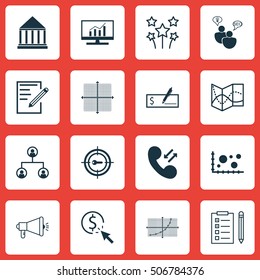 Set Of 16 Universal Editable Icons. Can Be Used For Web, Mobile And App Design. Includes Icons Such As Media Campaign, Market Research, Reminder And More.