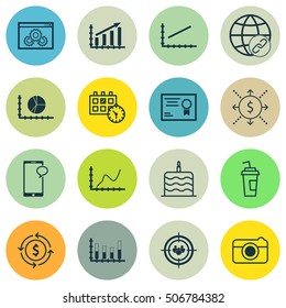 Set Of 16 Universal Editable Icons. Can Be Used For Web, Mobile And App Design. Includes Icons Such As Segmented Bar Graph, Achievement Graph, Website Performance And More.