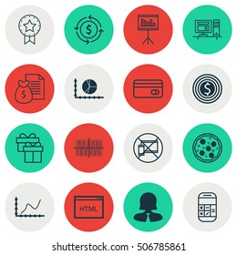 Set Of 16 Universal Editable Icons. Can Be Used For Web, Mobile And App Design. Includes Icons Such As Money Recycle, Achievement Graph, Presentation And More.