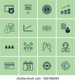 Set Of 16 Universal Editable Icons. Can Be Used For Web, Mobile And App Design. Includes Icons Such As Line Graph, Coins Growth, Festive Fireworks And More.