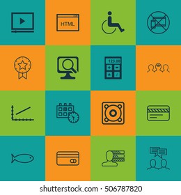 Set Of 16 Universal Editable Icons. Can Be Used For Web, Mobile And App Design. Includes Icons Such As Coding, Video Player, Accessibility And More.