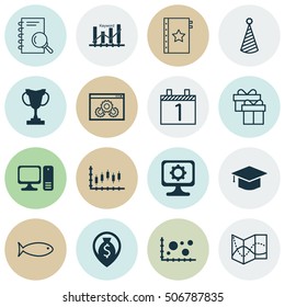 Set Of 16 Universal Editable Icons. Can Be Used For Web, Mobile And App Design. Includes Icons Such As Present, Website Performance, Birthday Hat And More.