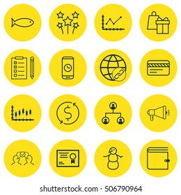 Set Of 16 Universal Editable Icons. Can Be Used For Web, Mobile And App Design. Includes Icons Such As Media Campaign, Reminder, Bank Card And More.
