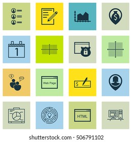 Set Of 16 Universal Editable Icons. Can Be Used For Web, Mobile And App Design. Includes Icons Such As Agenda, Coding, Graphical Grid And More.