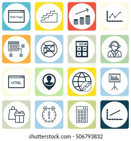 Set Of 16 Universal Editable Icons. Can Be Used For Web, Mobile And App Design. Includes Icons Such As Schedule, Line Graph, Website And More.