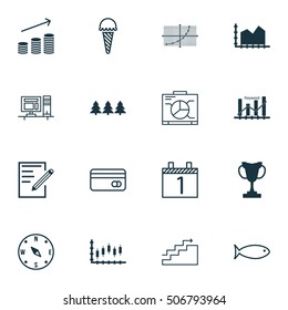 Set Of 16 Universal Editable Icons. Can Be Used For Web, Mobile And App Design. Includes Icons Such As Stock Market, Plastic Card, Computer And More