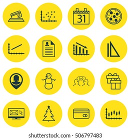 Set Of 16 Universal Editable Icons. Can Be Used For Web, Mobile And App Design. Includes Icons Such As Pizza Meal, Decorated Tree, Present And More.